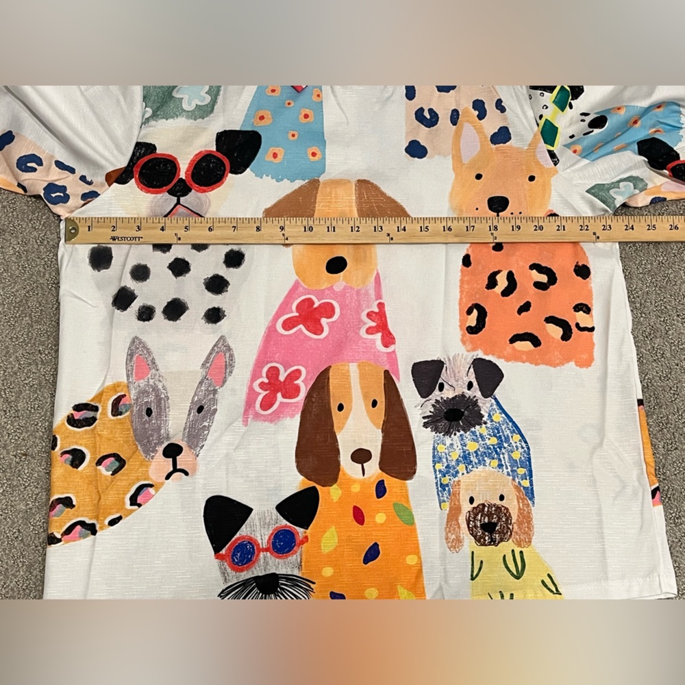 Whimsical Dog Print Short Sleeve Blouse - White Multicolor - Picture 3 of 10